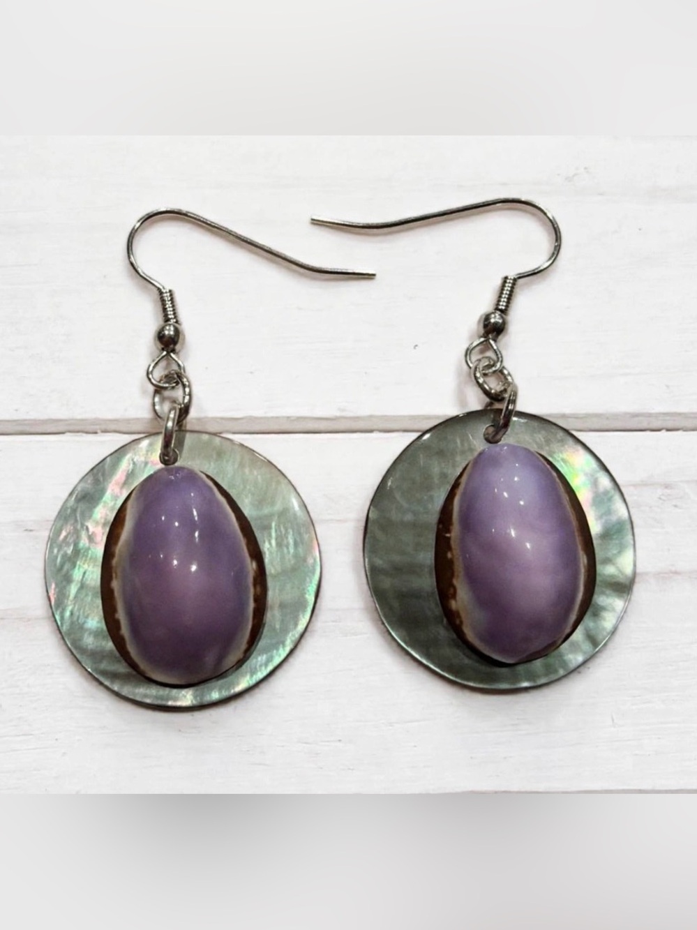 Purple Cowrie + Silver Mother-of-Pearl Disc Dangle Earrings
